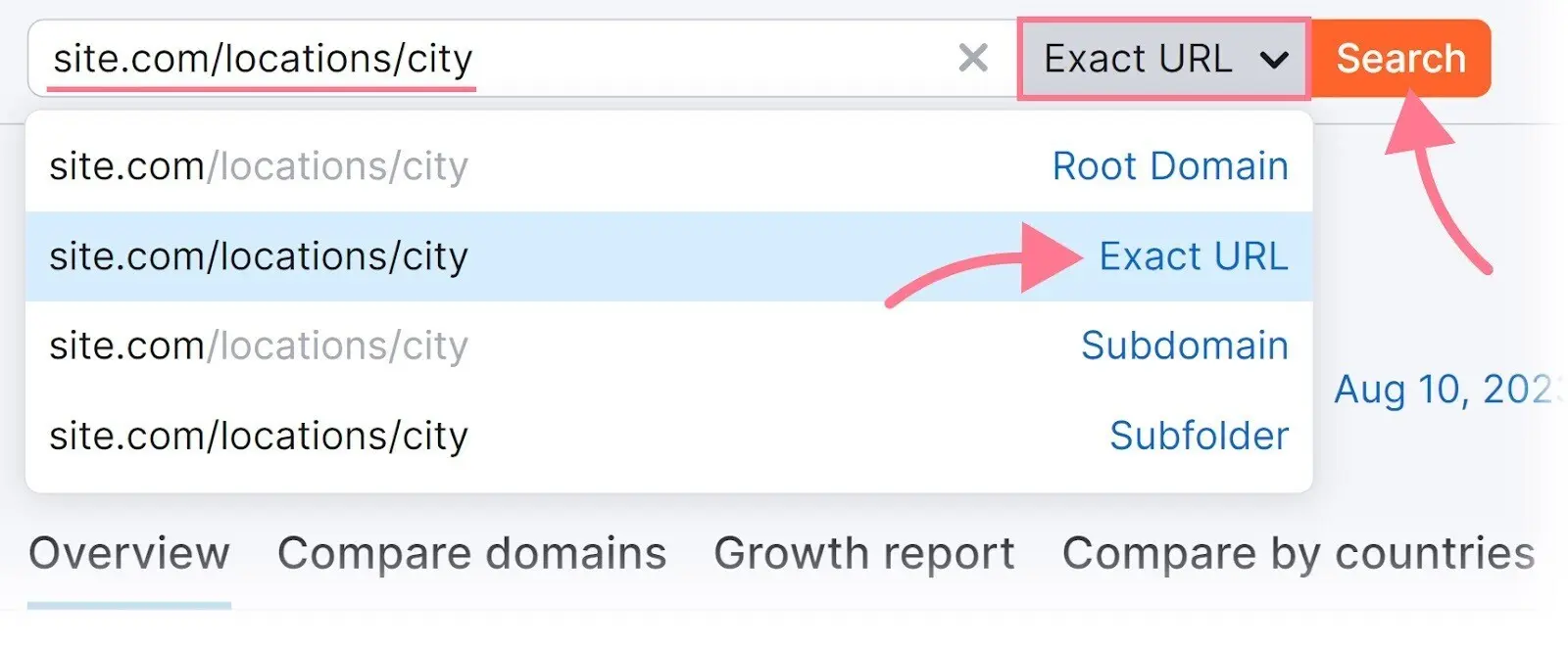 Exact URL option selected for a location page and Search button highlighted.