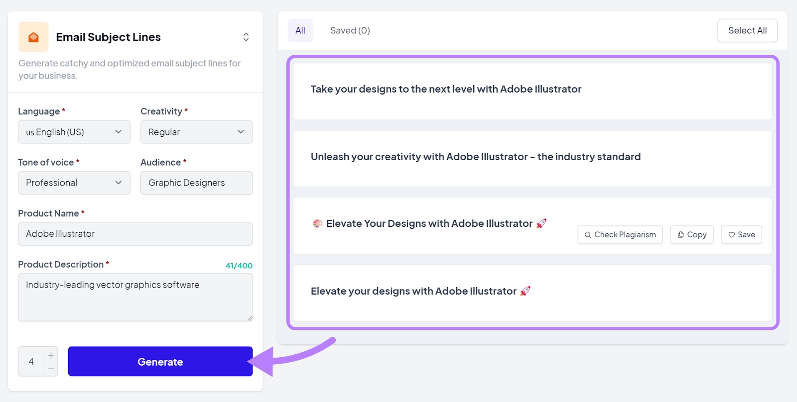 Email subject lines generated in the tool