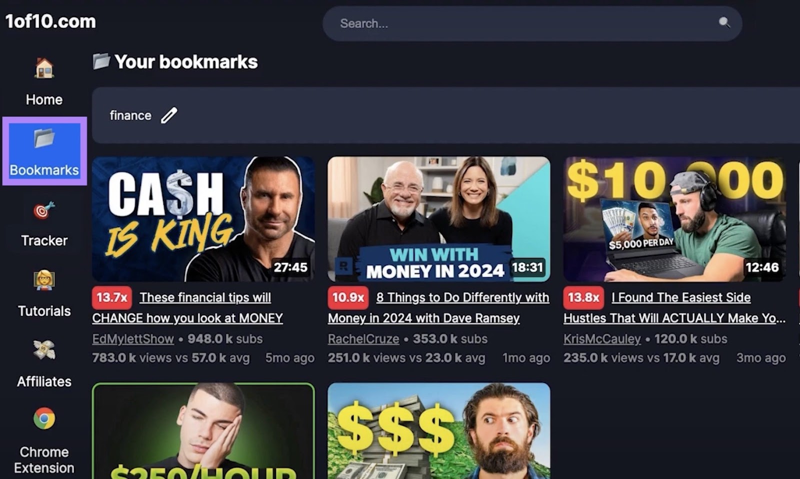 The "Bookmarks" tab on 1of10 showing all the videos bookmarked into a particular folder.