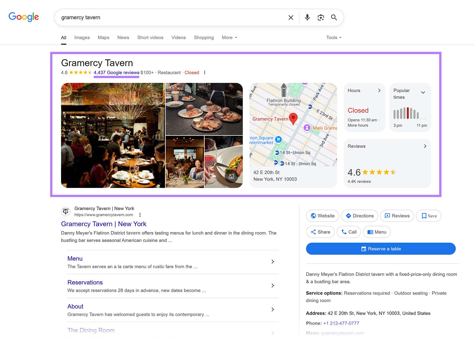 Google search result for Gramercy Tavern with star rating, photos, and options like call, directions, and reserve a table