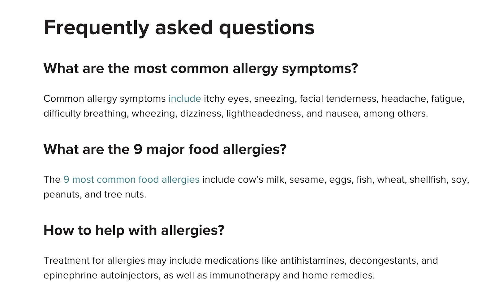 Frequently asked questions at the bottom of a pillar page by Healthline.