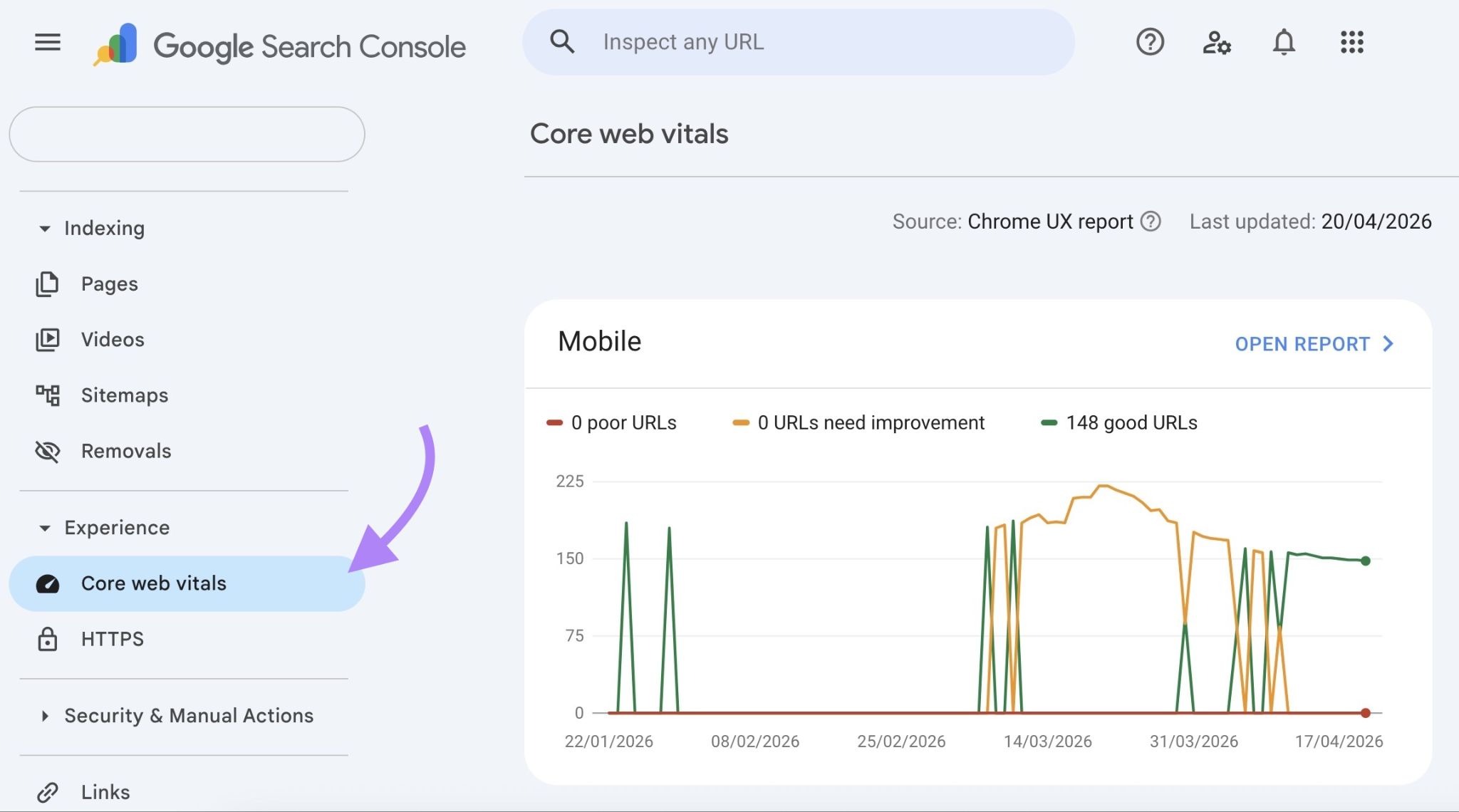 The “Core Web Vitals” report on Google Search Console.