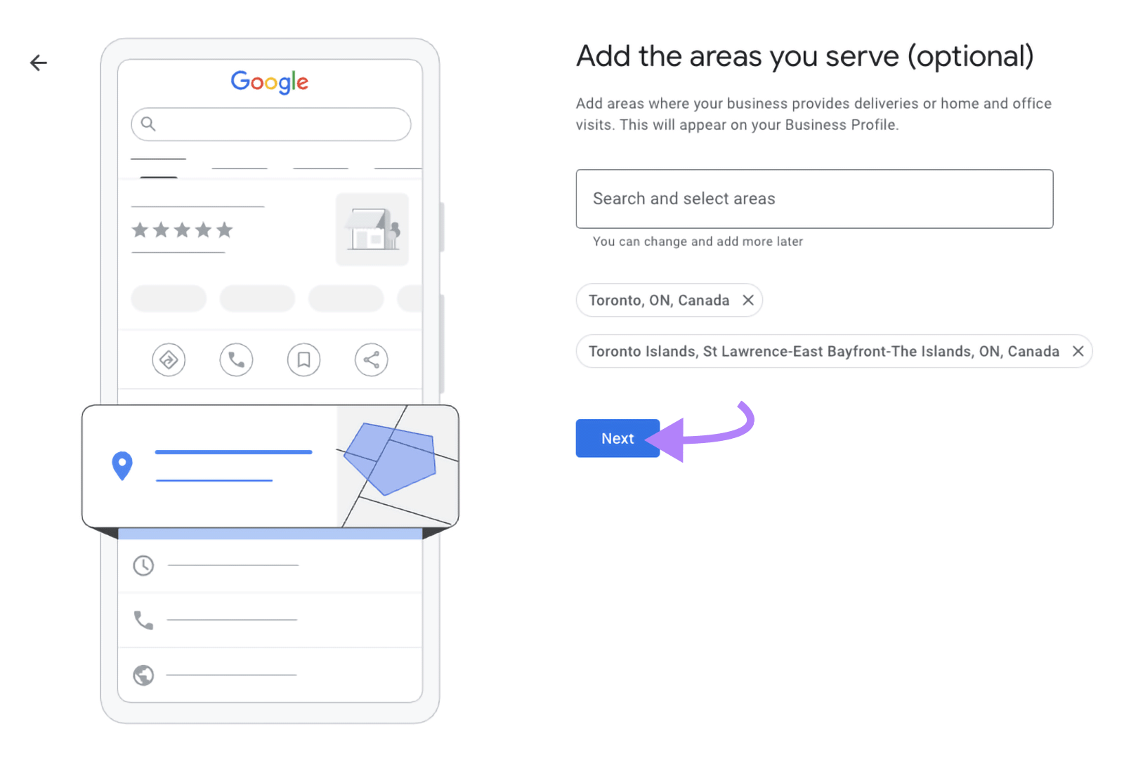Business setup screen with service areas selected and arrow pointing to “Next.”