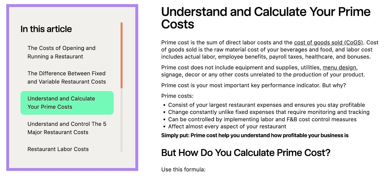 A sticky table of contents on the left-hand side of a pillar page by 7Shifts.