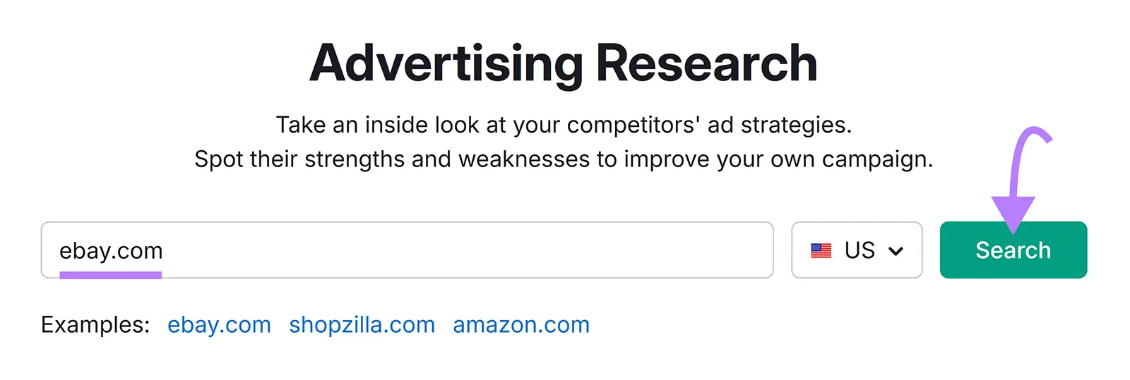 Advertising Research tool with ebay.com typed in and arrow pointing to Search.