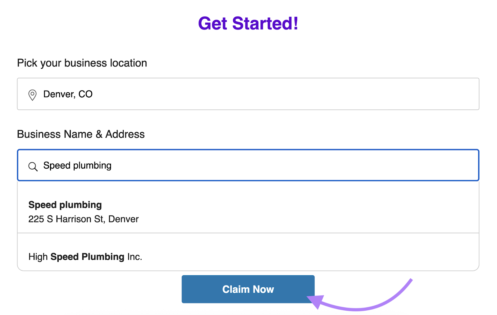 Business location and name are selected.