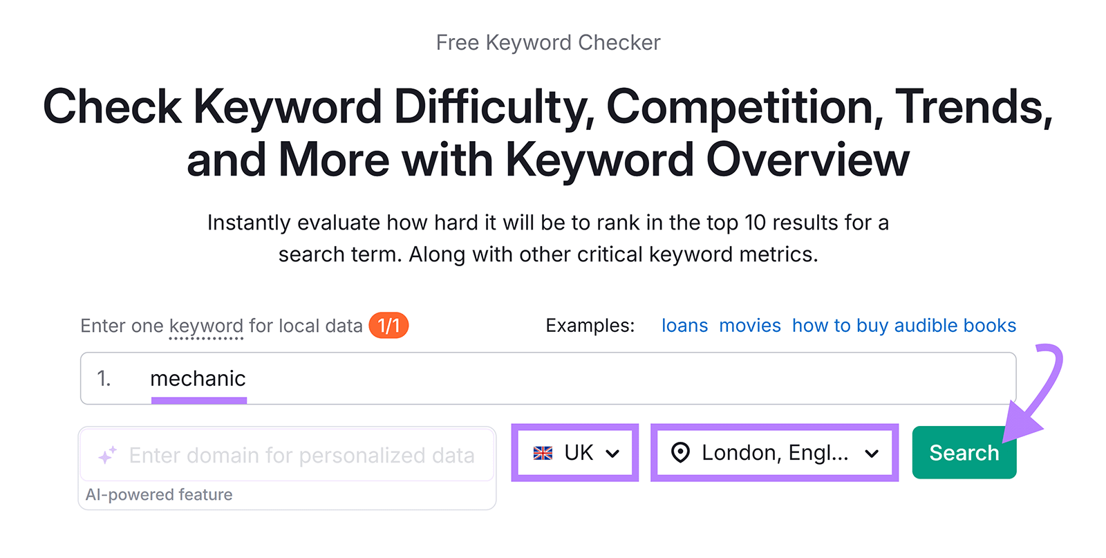 Keyword Overview tool with "mechanic" and location set to London, UK.