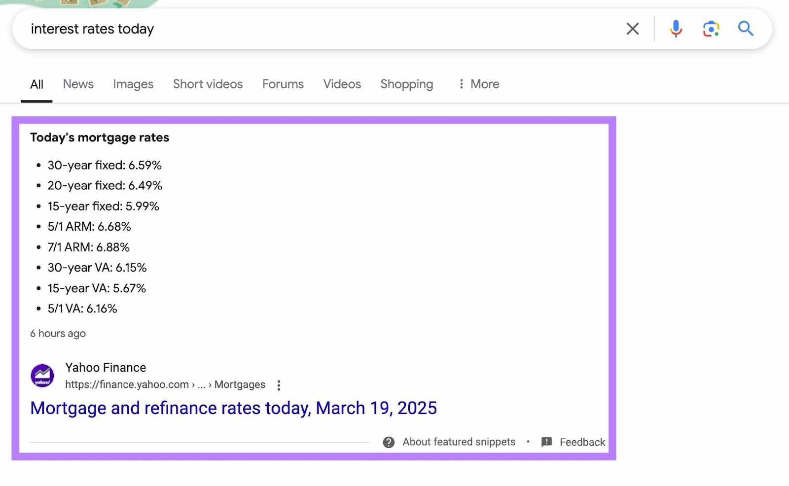 Current featured snippet for a keyword accessed directly from Semrush's Organic Rankings tool.