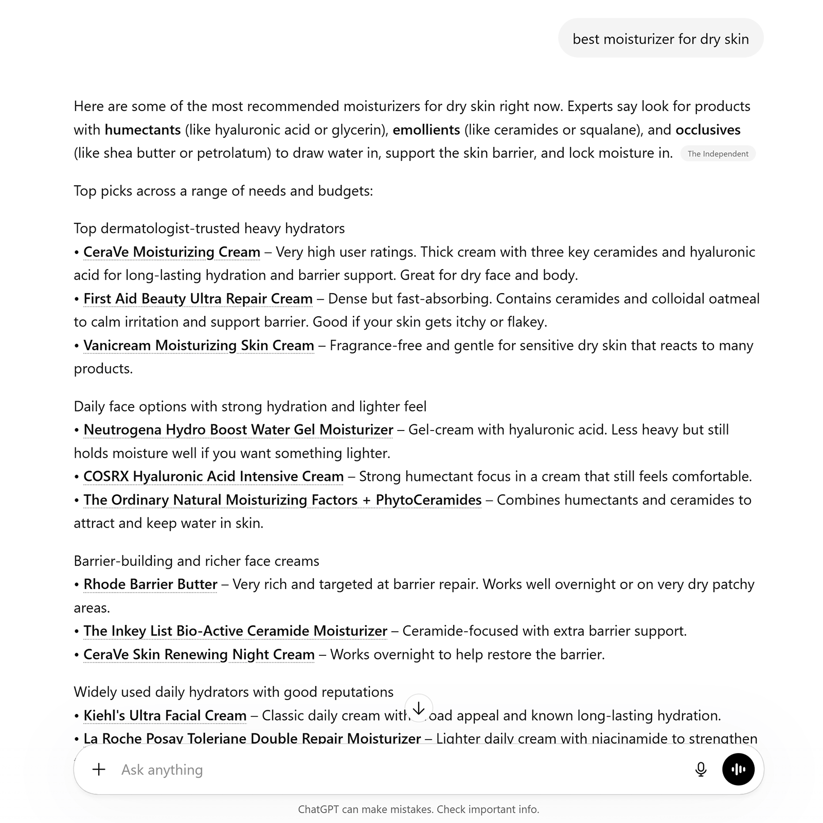ChatGPT response recommending moisturizers for dry skin with categorized product suggestions