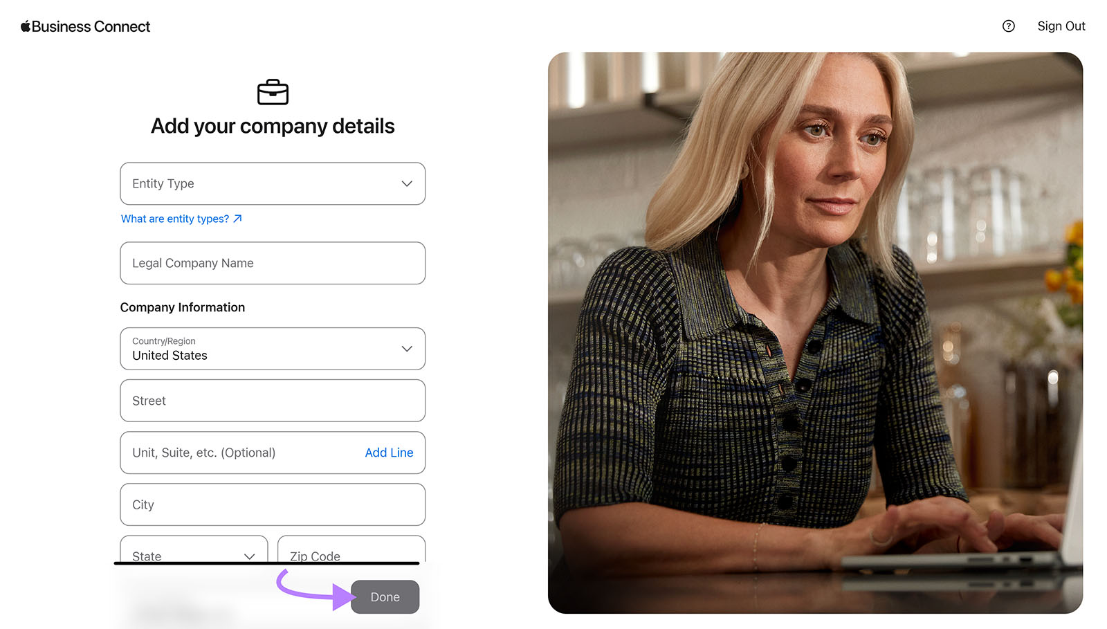 Form to enter company details like entity type, legal name, address, and more. A purple arrow points to the Done button.