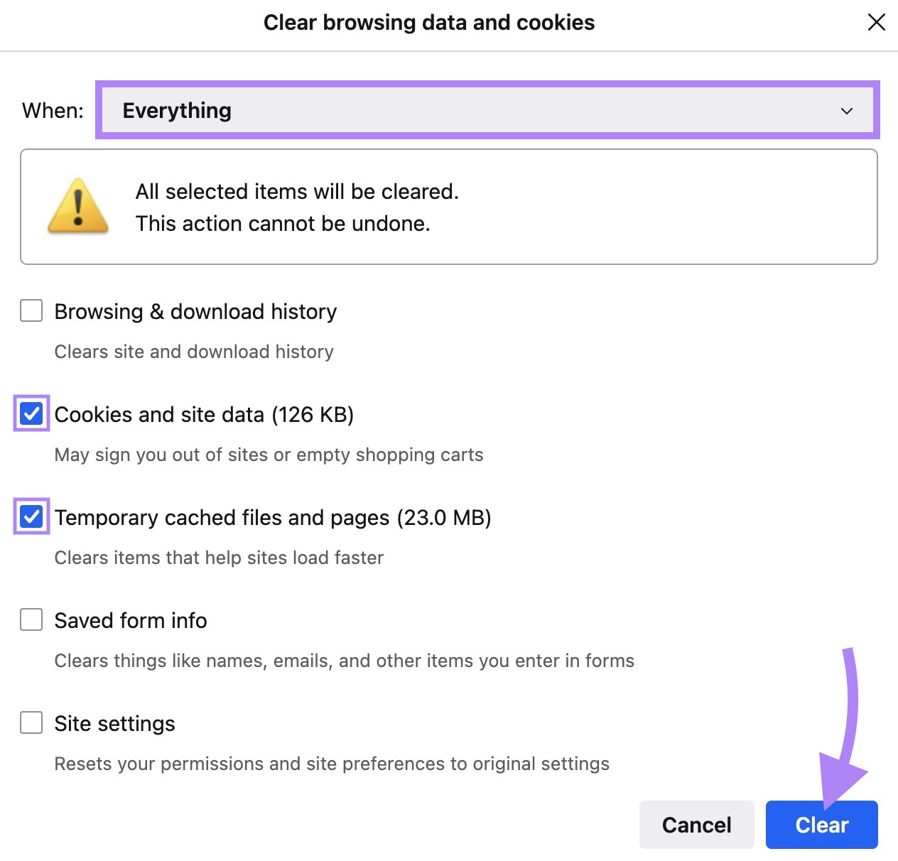 "Clear browsing data and cookies" window on Firefox with cookies & site data and temporary cached files & pages selected.
