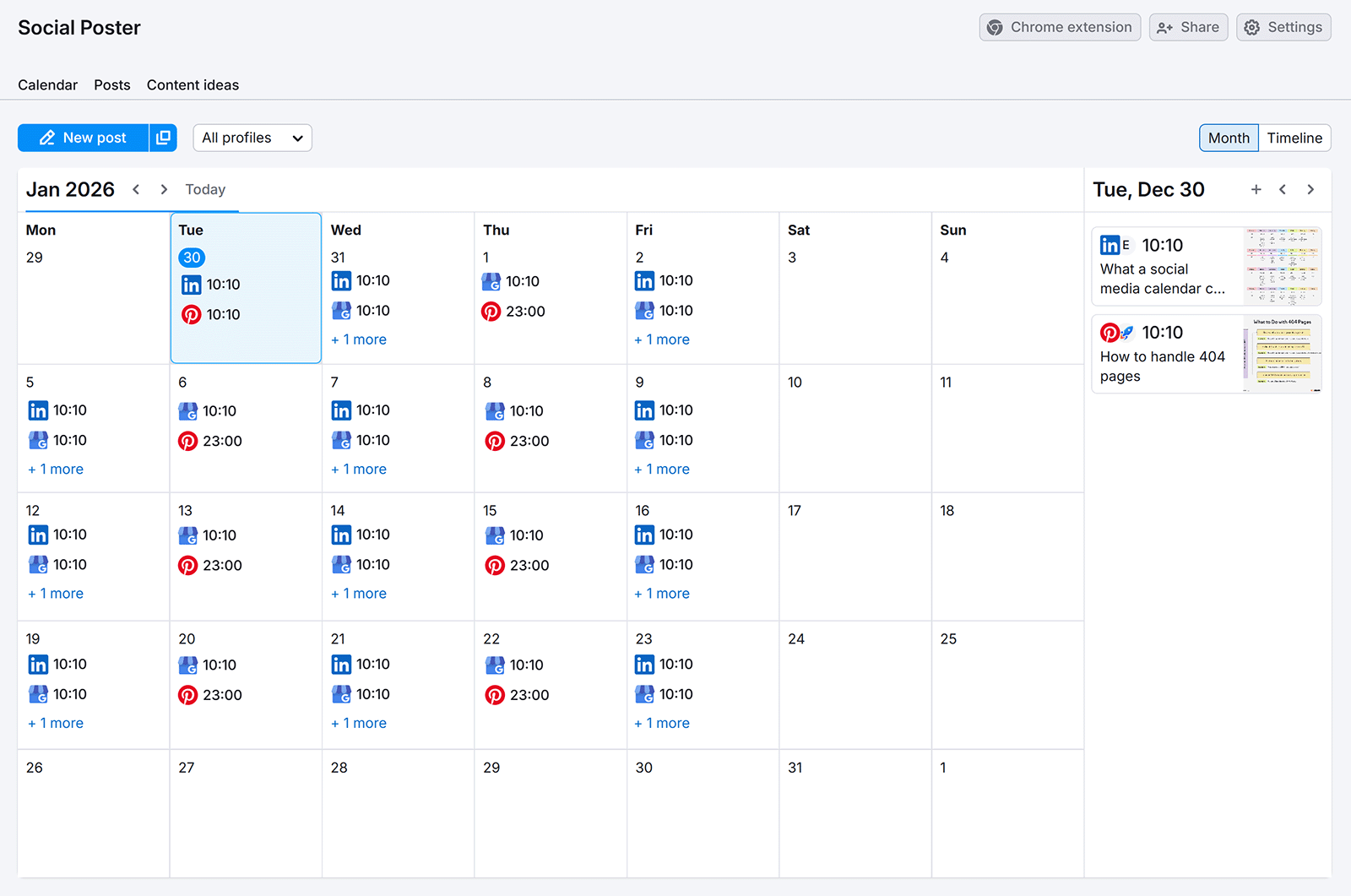 Social Poster monthly calendar view showing scheduled social posts across multiple platforms.