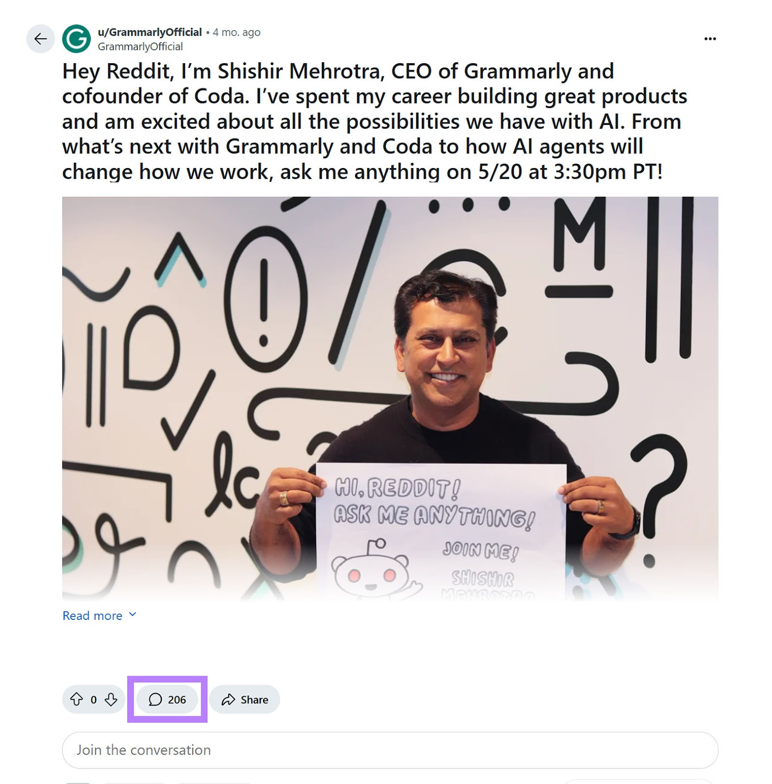 Grammarly CEO AMA post with photo holding sign and 206 comments highlighted.