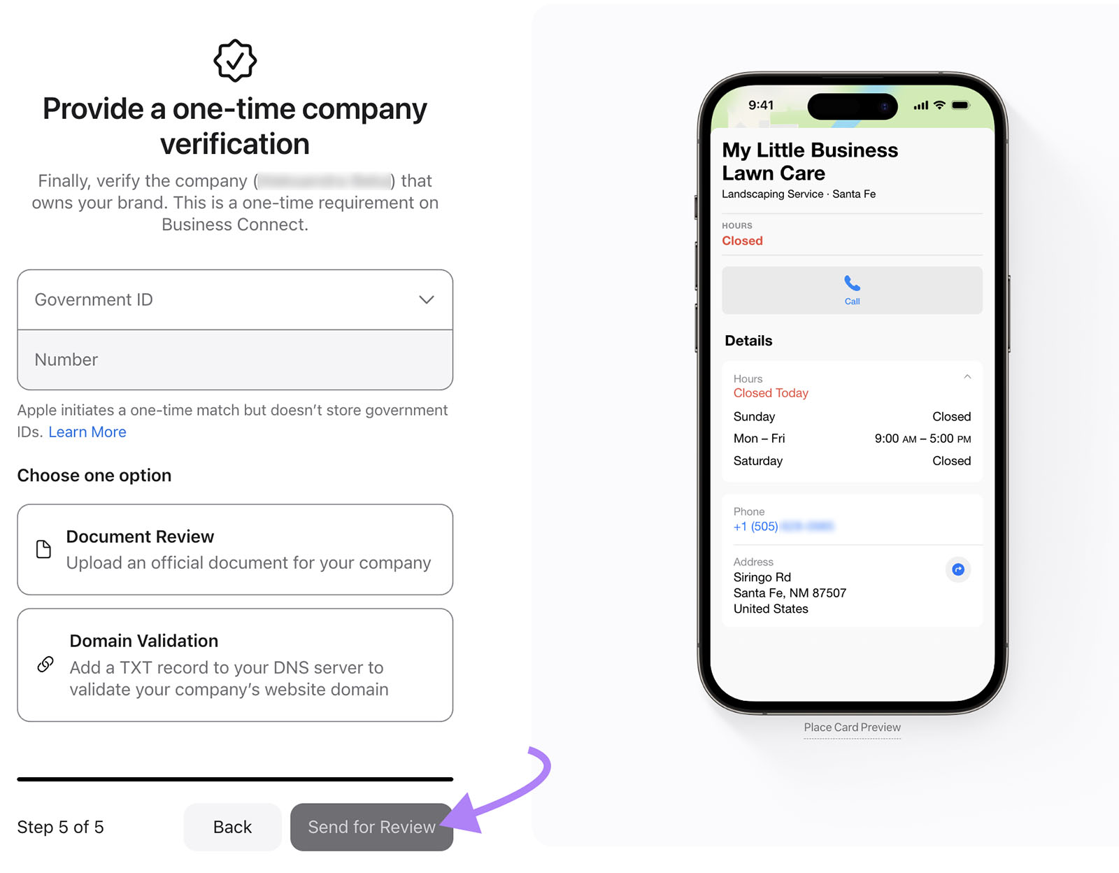 Form to verify a company with ID fields and two options. Purple arrow points to ‘Send for Review’