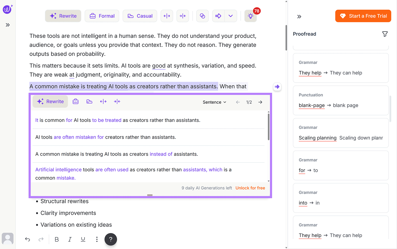 Wordtune rewrite panel showing alternative sentence versions and tone options for improving clarity.