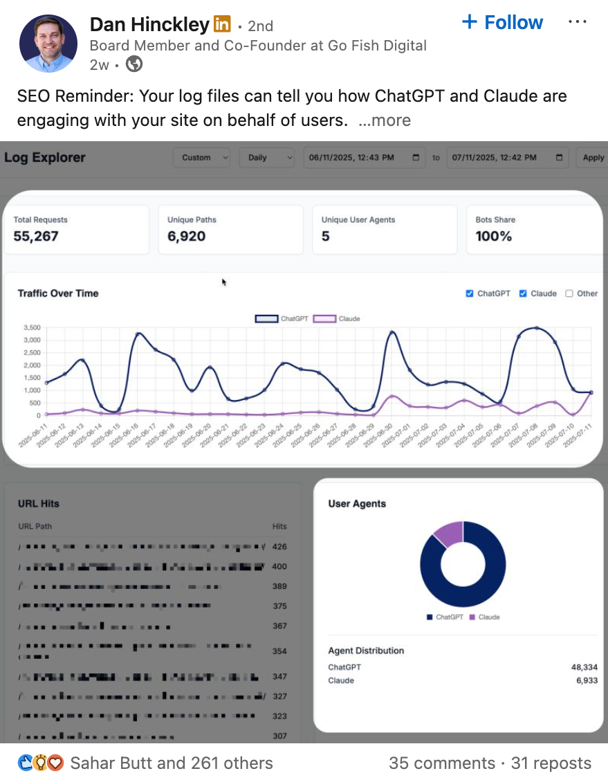 Dan Hinckley's LinkedIn post explaining how log files reveal insights about users.