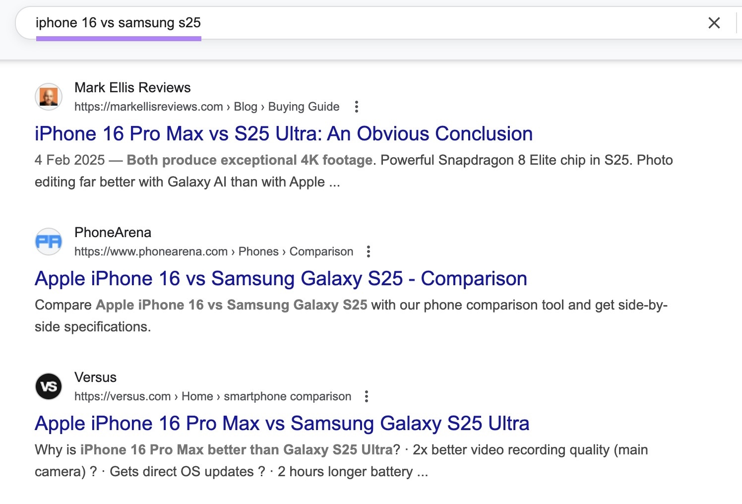 Google SERP for the term "iphone 16 vs samsung s25" with all the top results being detailed comparison articles.