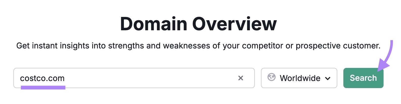 Domain Overview tool start with "costco.com" entered and "Search" clicked.