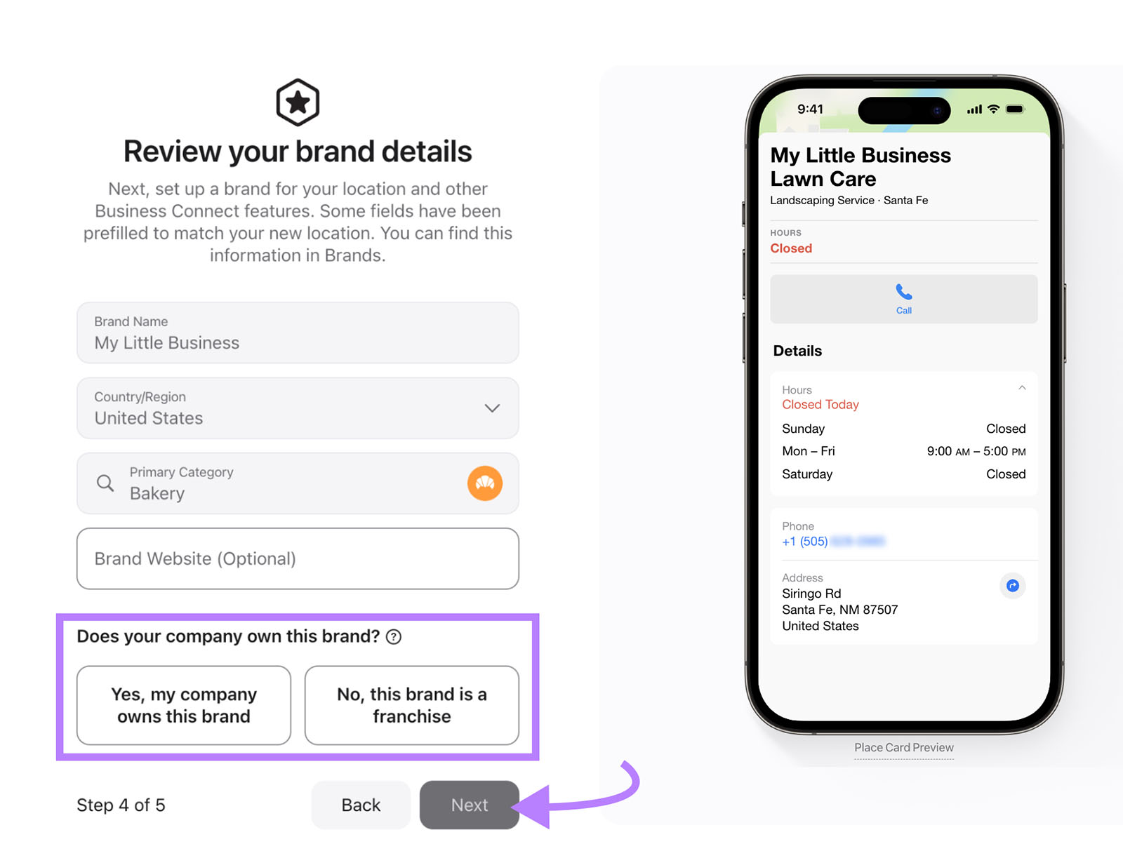 Form with brand fields and ownership question. Purple arrow points to ‘Next’