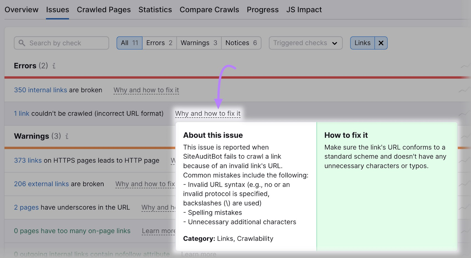 an example of “Why and how to fix it” section in the Site Audit tool