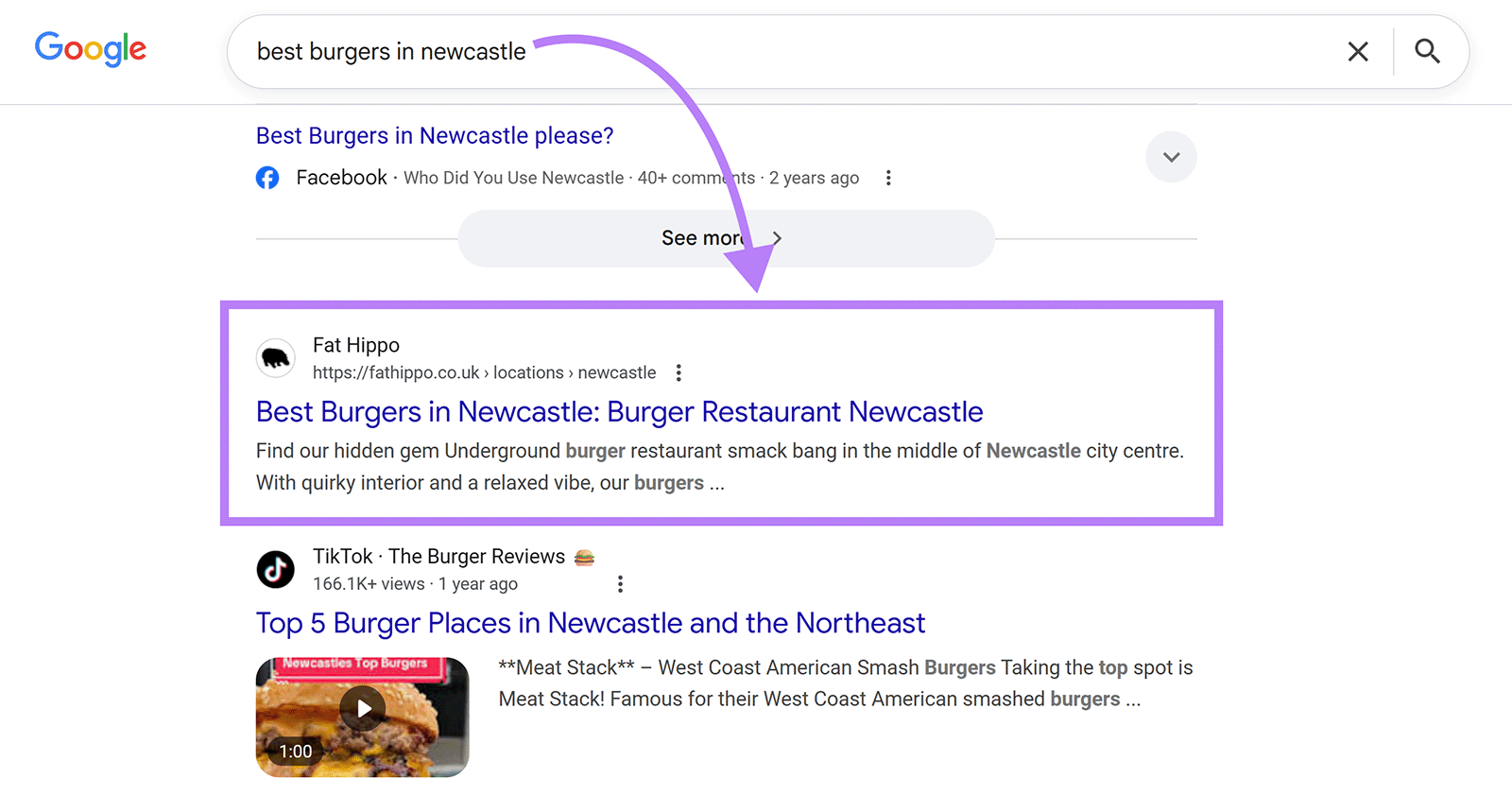 Fat Hippo’s Newcastle location page ranking for “best burgers in newcastle”.