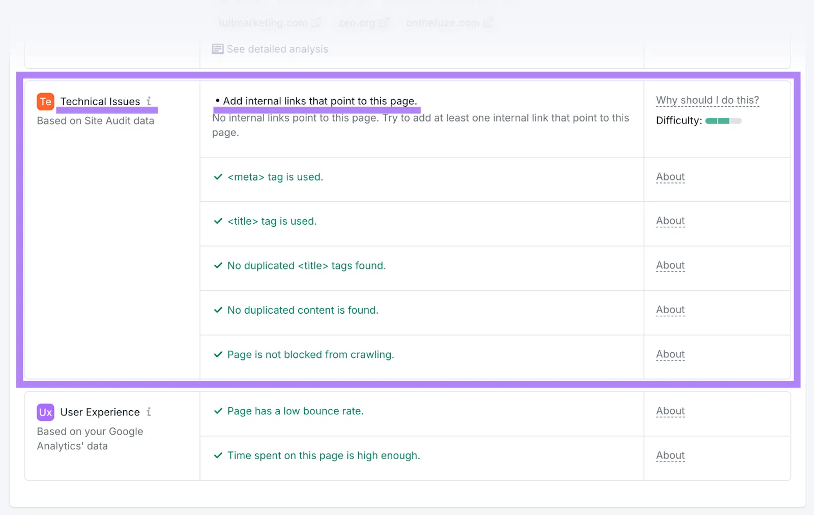 Technical issues for a page on the On Page SEO Checker with the recommendation to add internal links to the page.