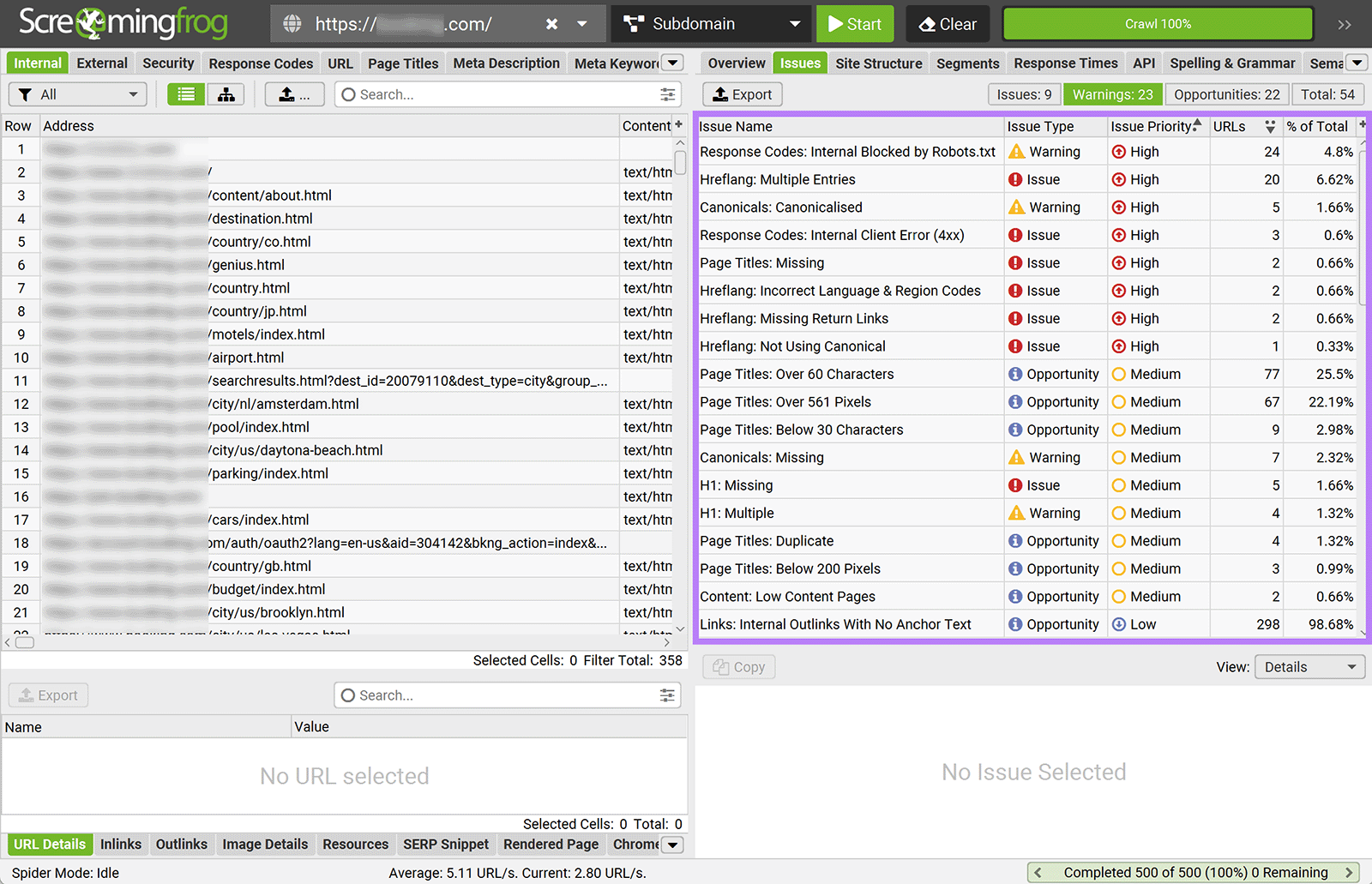 Screaming Frog crawl issues list showing errors, warnings, and opportunities.