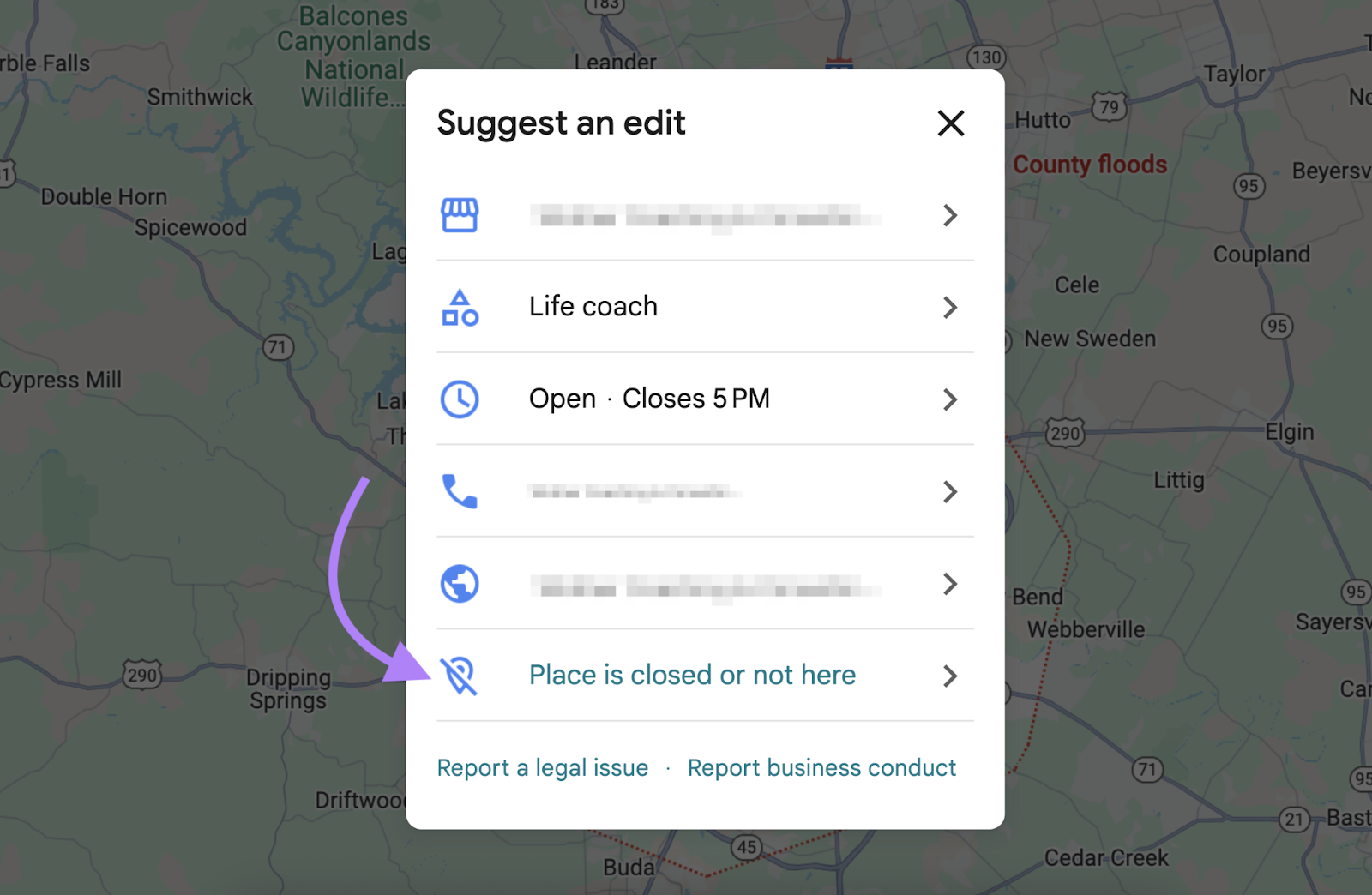 Option appears with a dropped pin icon.