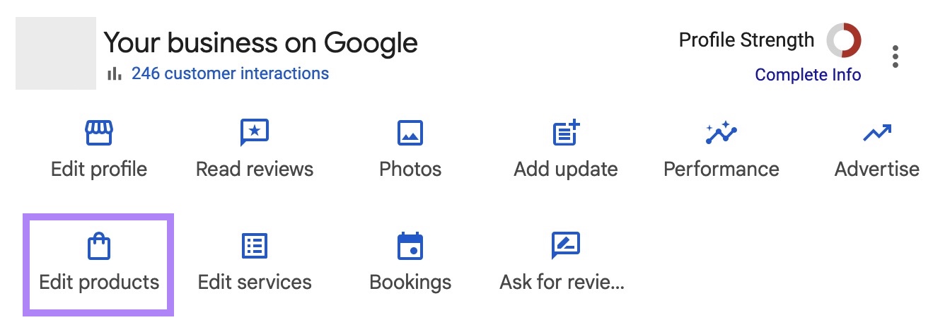 The "Edit products" button highlighted on the Google Business Profile dashboard.