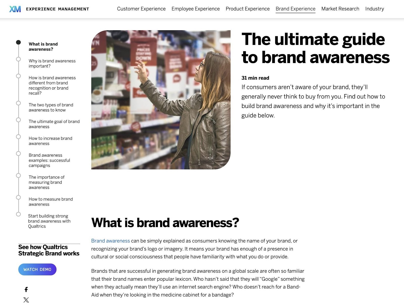 A pillar page on the Qualtrics website titled "The ultimate guide to brand awareness".