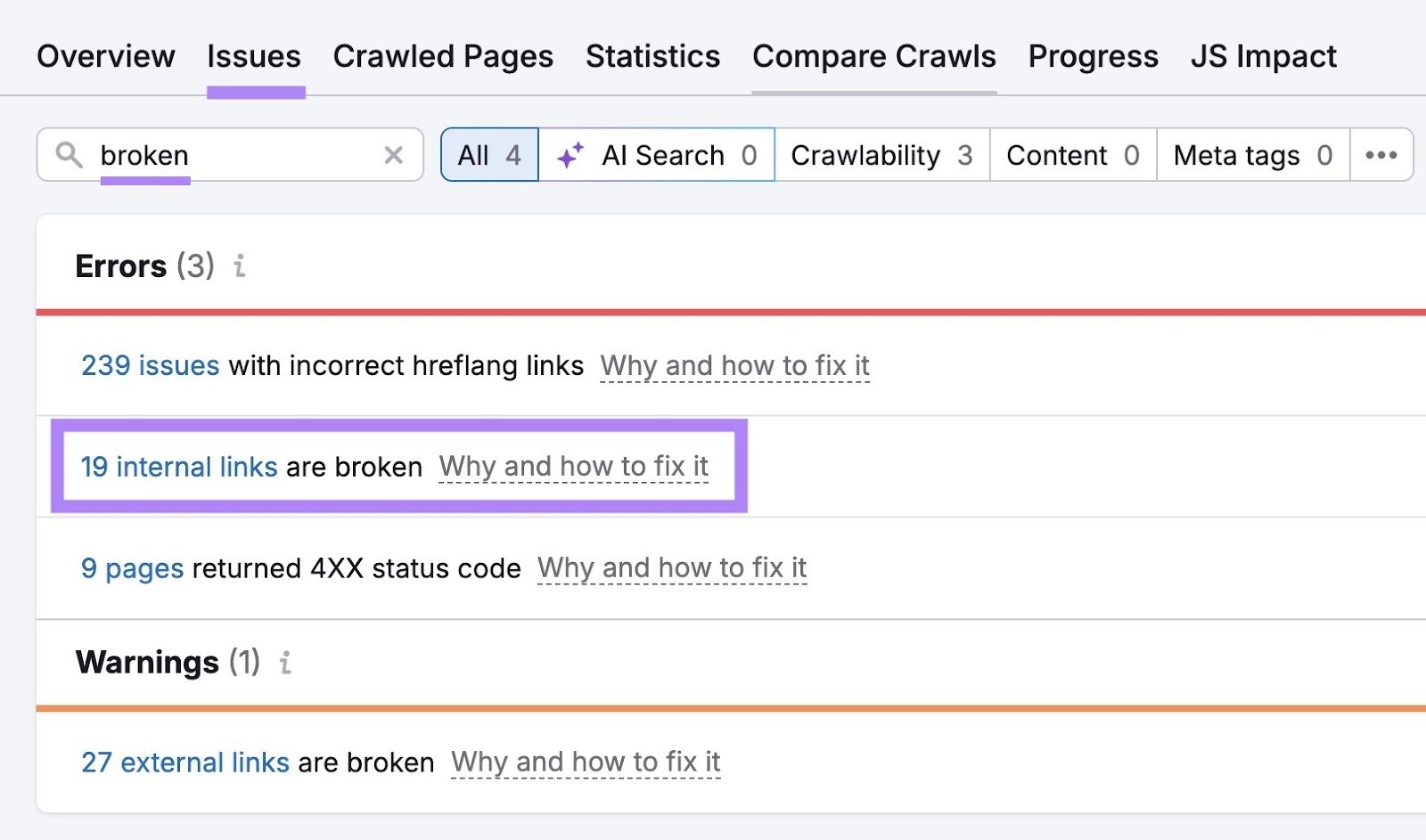 The "Issues" tab on Site Audit with "broken" entered and "19 internal links are broken" highlighted.