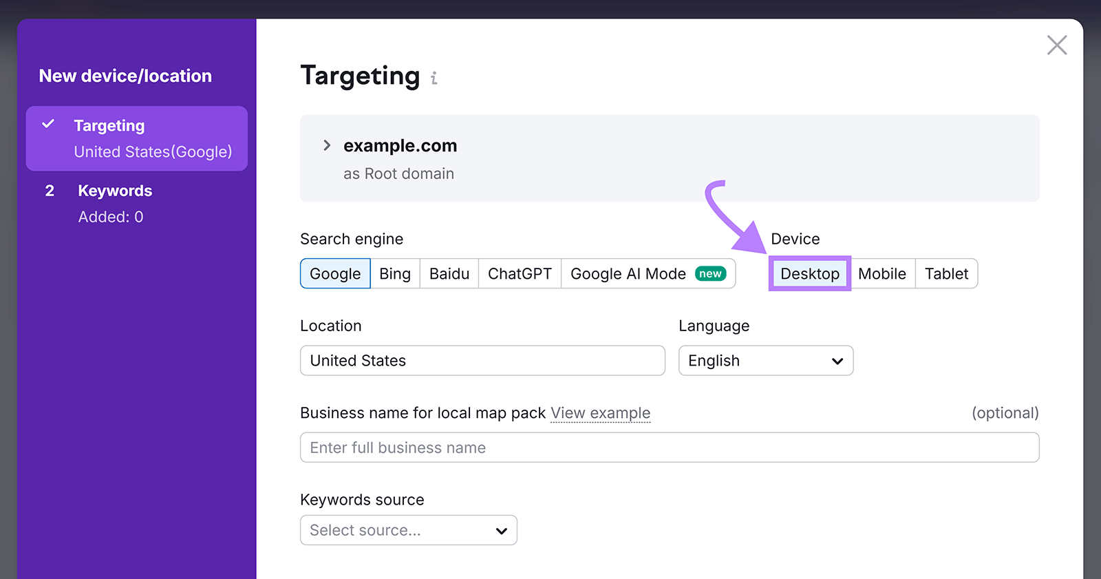 Targeting setup with arrow pointing to "Desktop" device option.