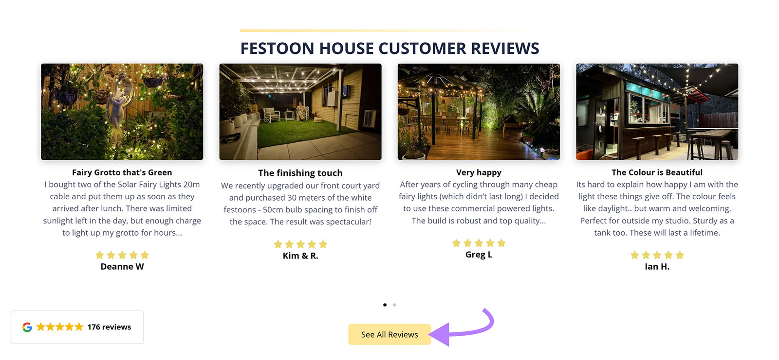 Festoon House’s homepage displaying customer reviews and linking to reviews landing page