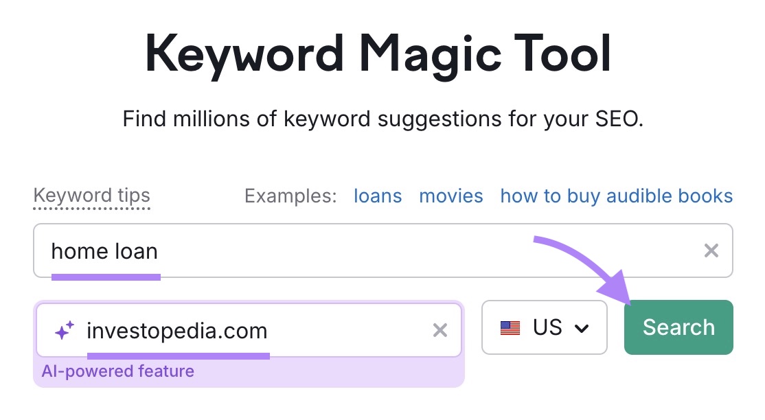 Keyword Magic Tool start with "home loan" entered as the term, "investopedia.com" as the domain, and "Search" clicked.