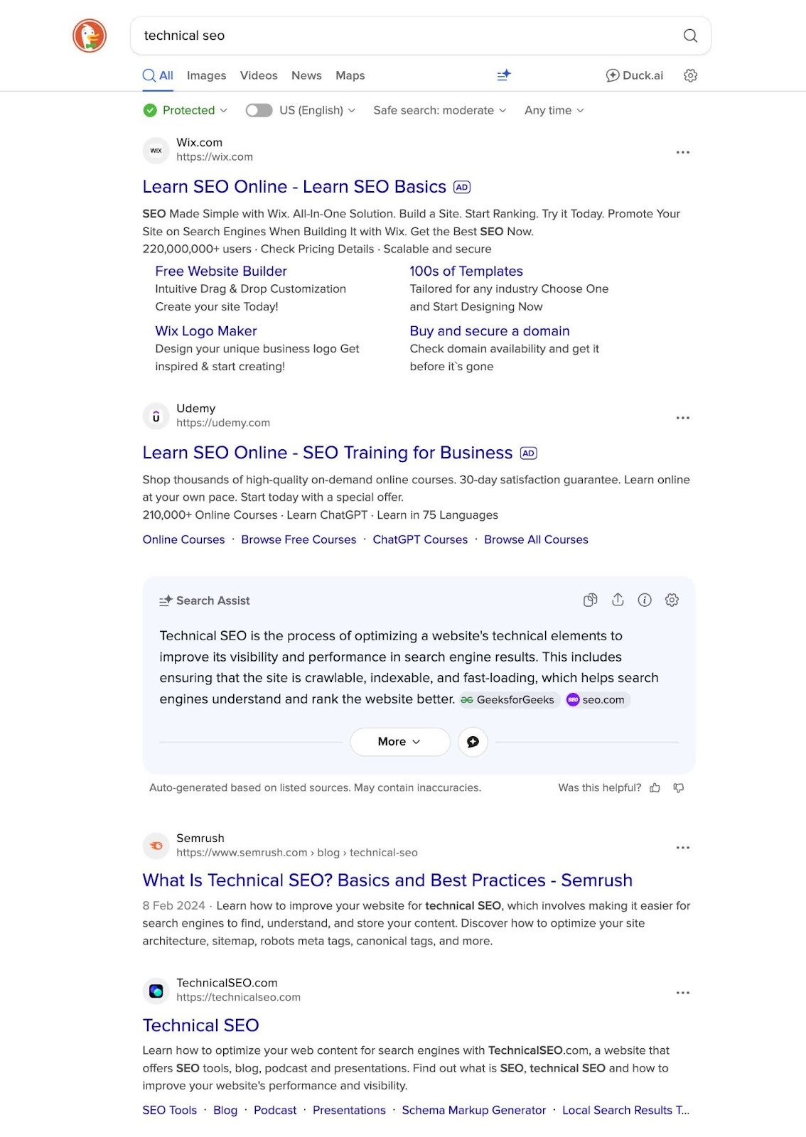 DuckDuckGo SERP for the term "technical seo" showing a paid ad, a "Search Assist" answer, along with traditional organic results.