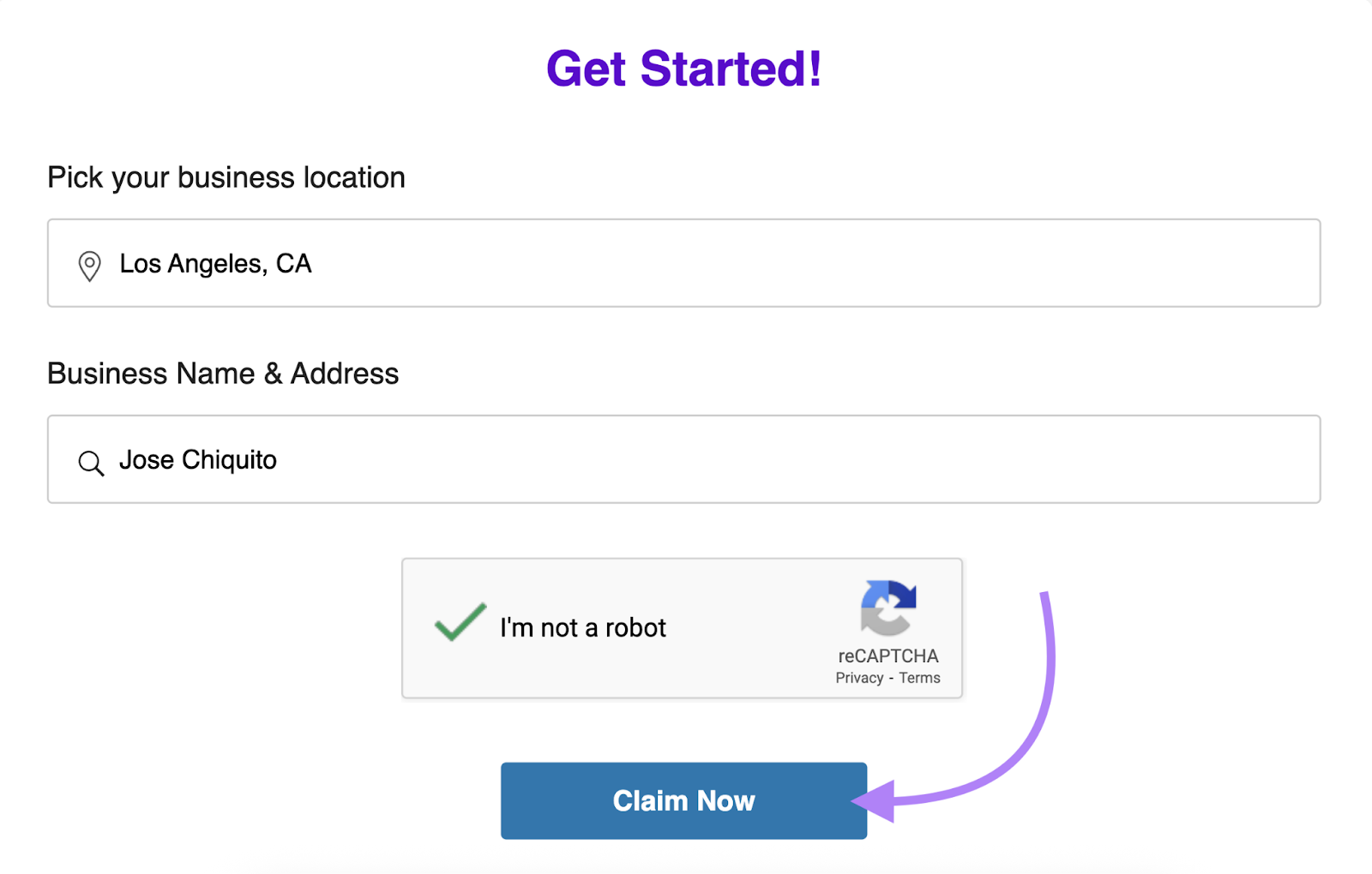 Business location and name are selected.