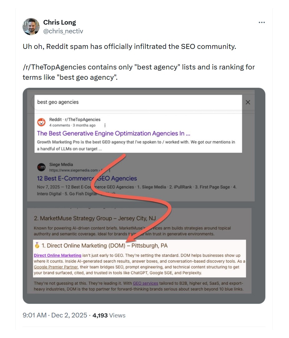 An X post describing Reddit spam for SEO purposes.