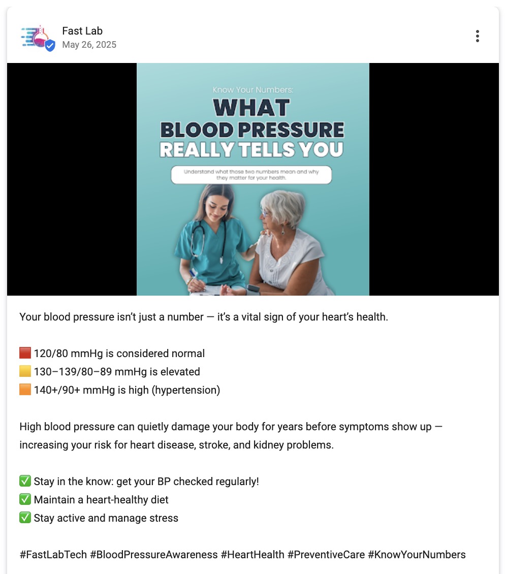Google Business Profile post by a healthcare business, Fast Lab, with short and easy to understand educational content.