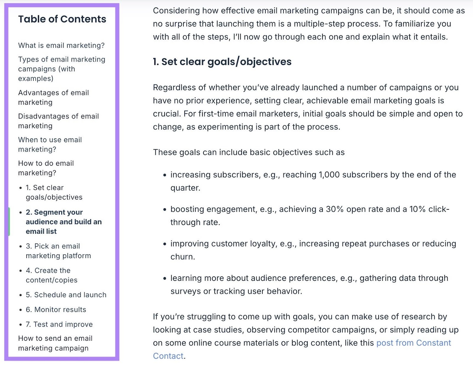 A sticky table of contents on the left-hand side of a pillar page by Mailtrap.