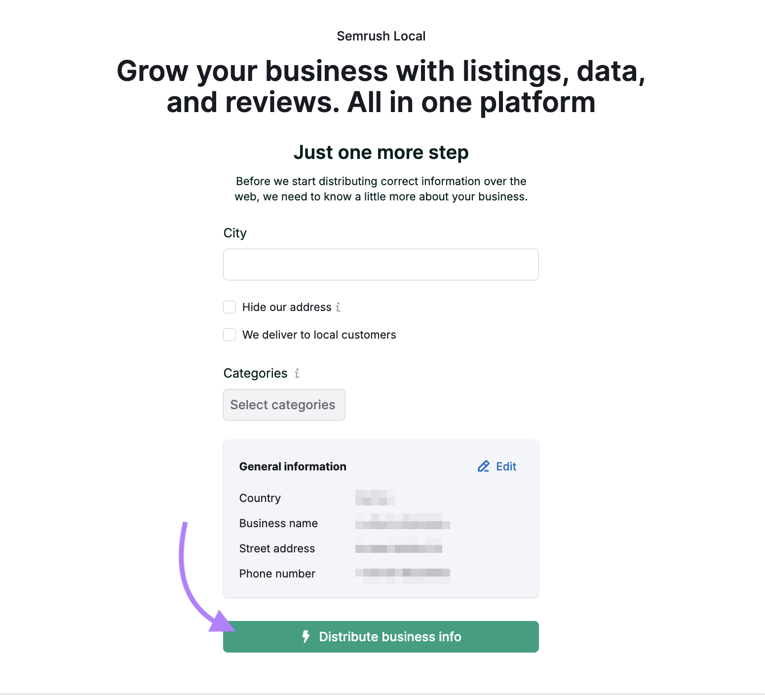 Business information is entered into the tool.