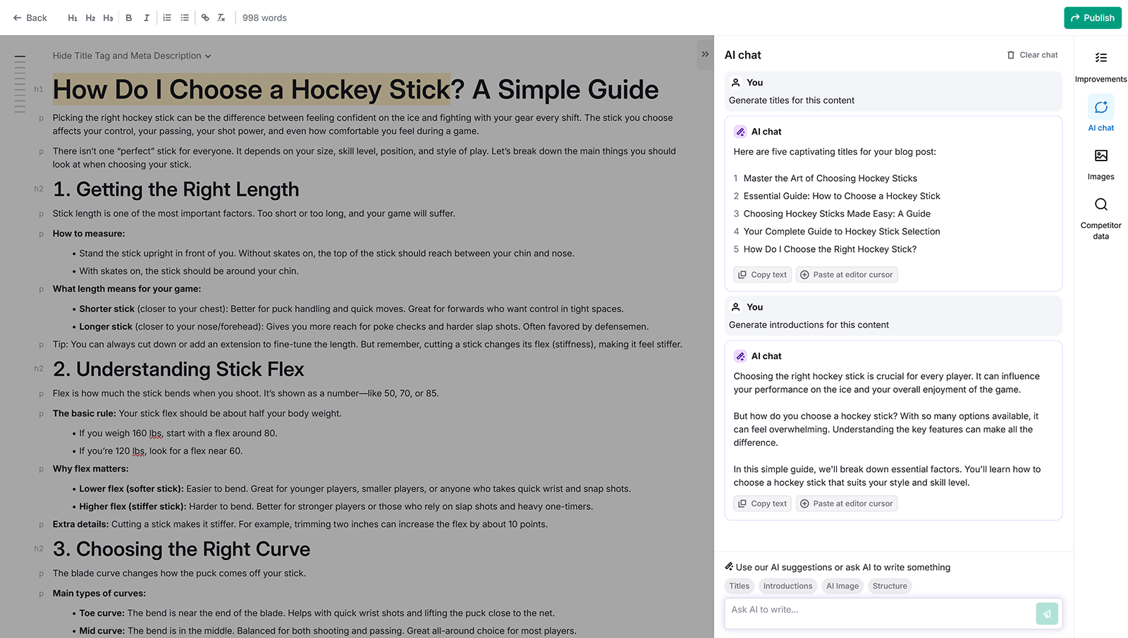 Content editor with AI chat panel suggesting blog titles and introductions.
