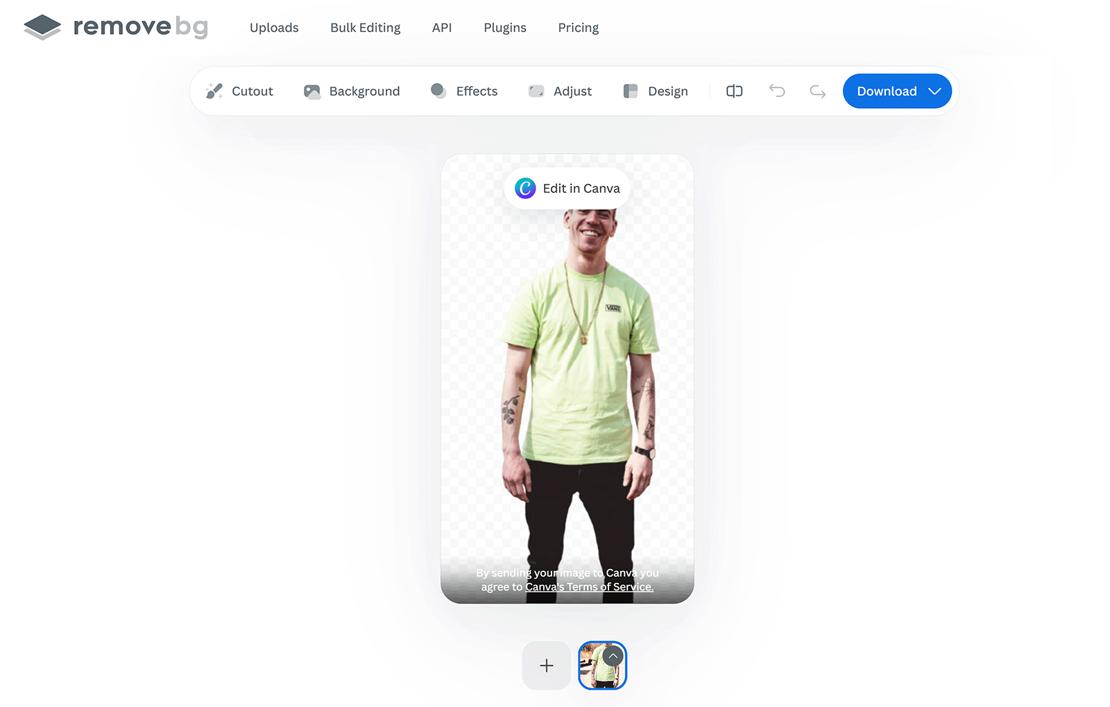 remove.bg interface showing a person with the background automatically removed.