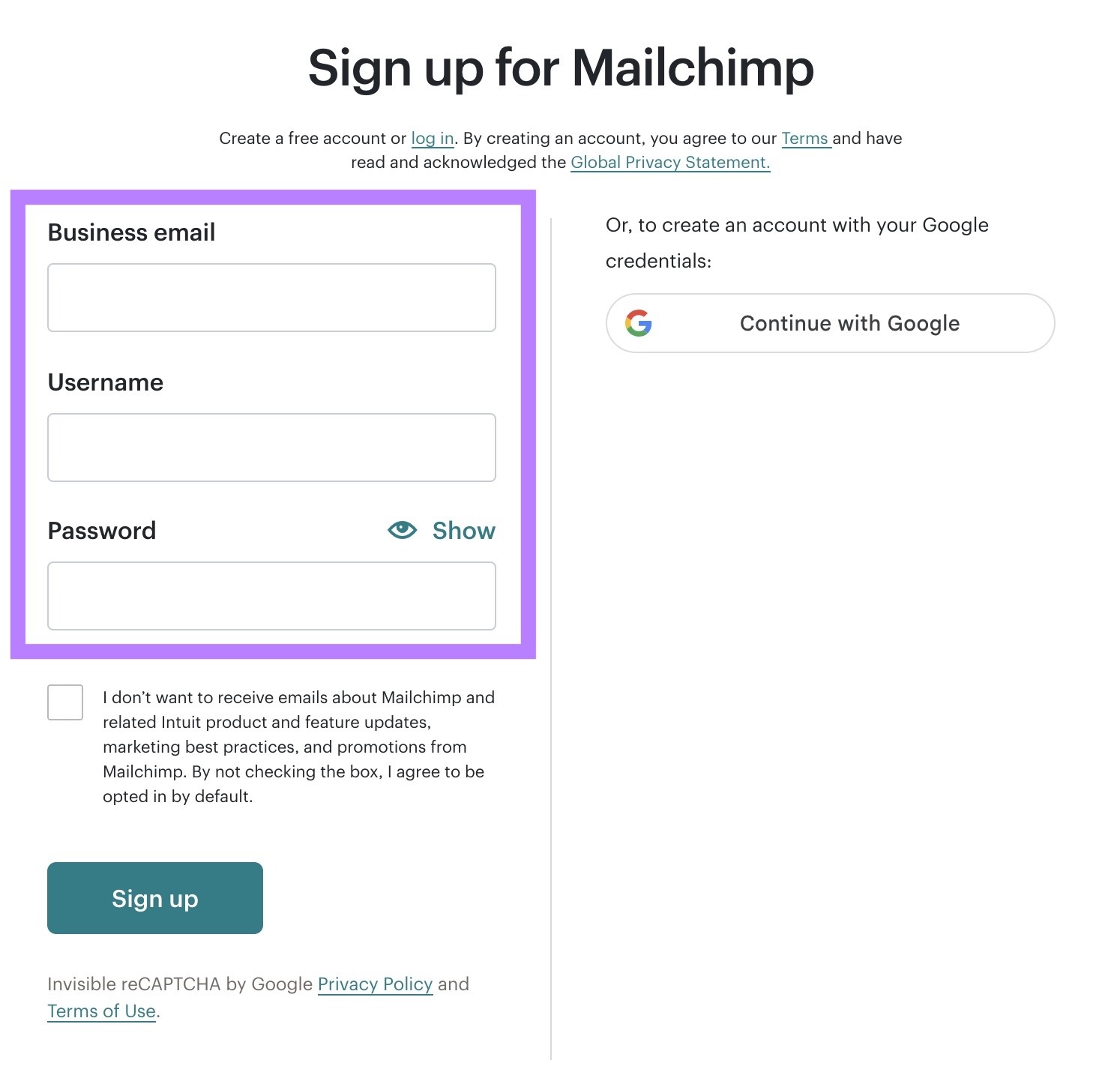 A signup form by Mailchimp with the input fields for a business email, username, and password on the left highlighted.