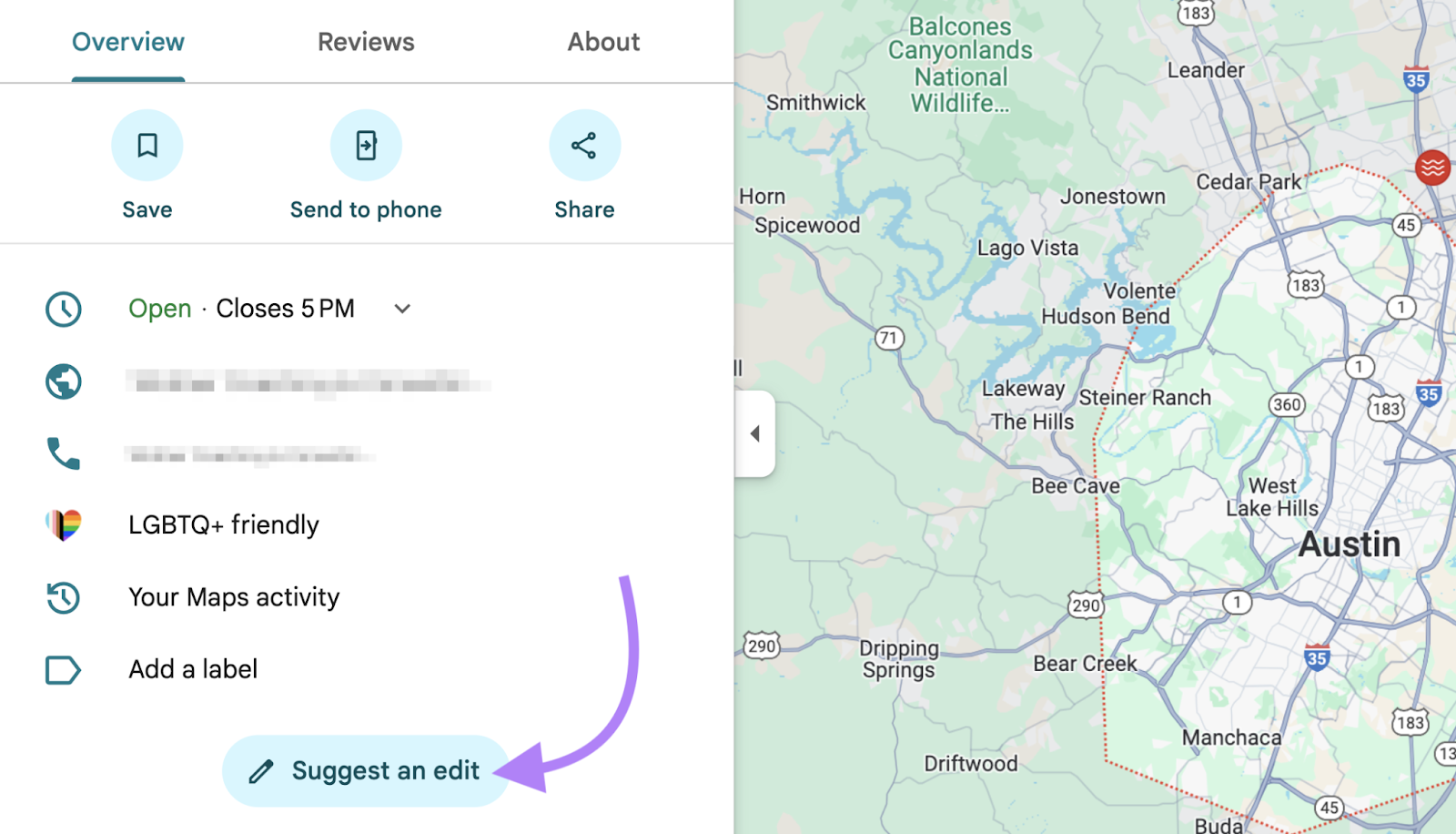 The option appears with a pencil icon below the business's information.