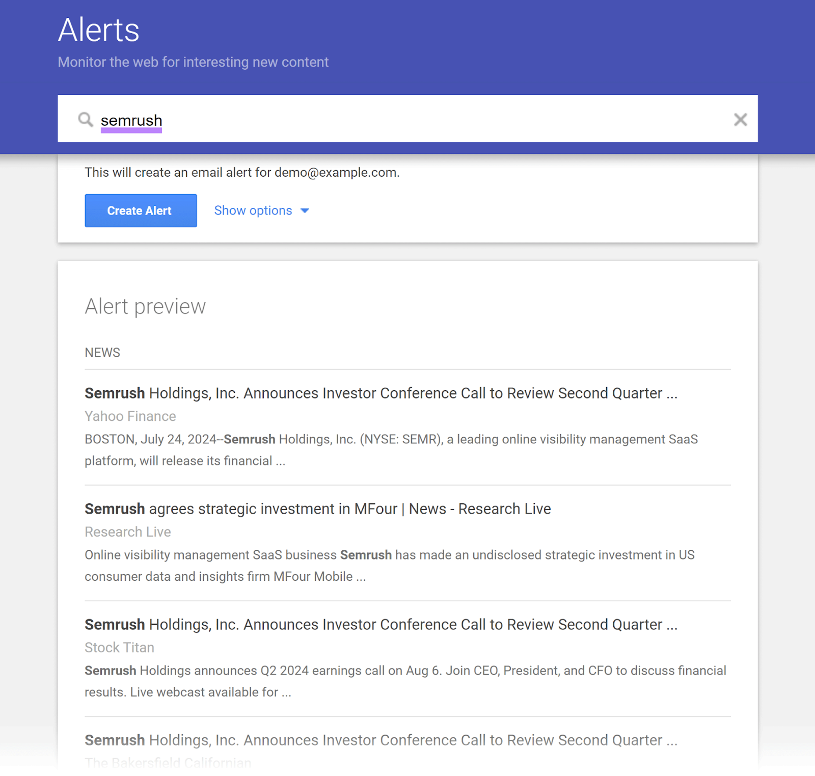 A Google alert for a brand name shows the types of alerts you'd receive.