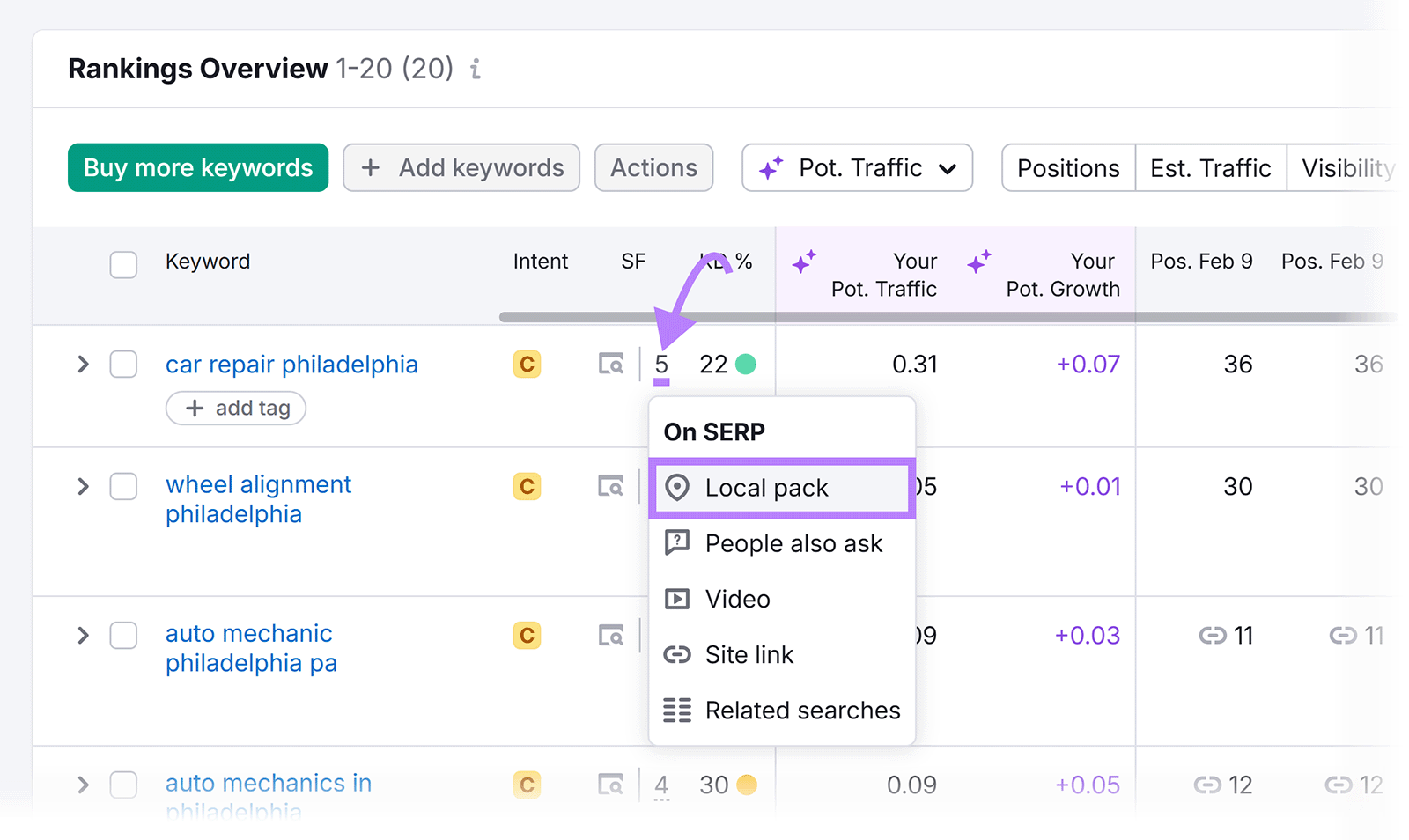 Rankings table with SERP feature icons expanded, highlighting Local Pack for a keyword.