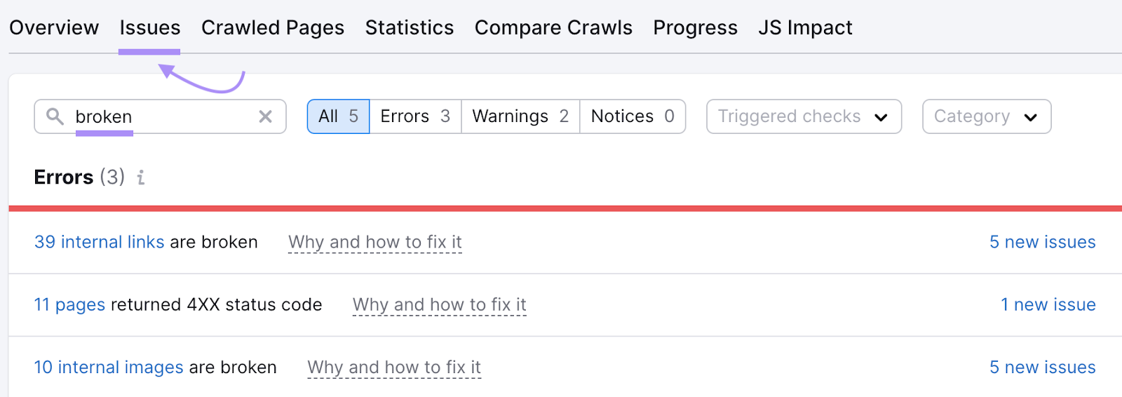 search for “broken” in the "Issues" tab