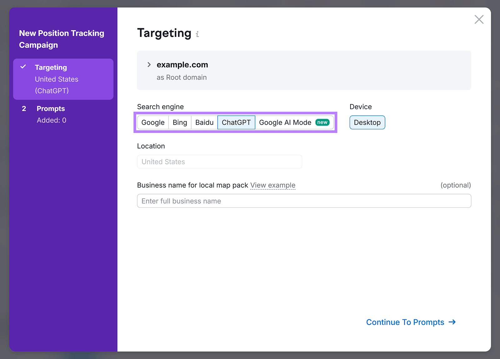 Targeting setup screen with search engine options boxed, including Google, Bing, Baidu, ChatGPT, and Google AI.