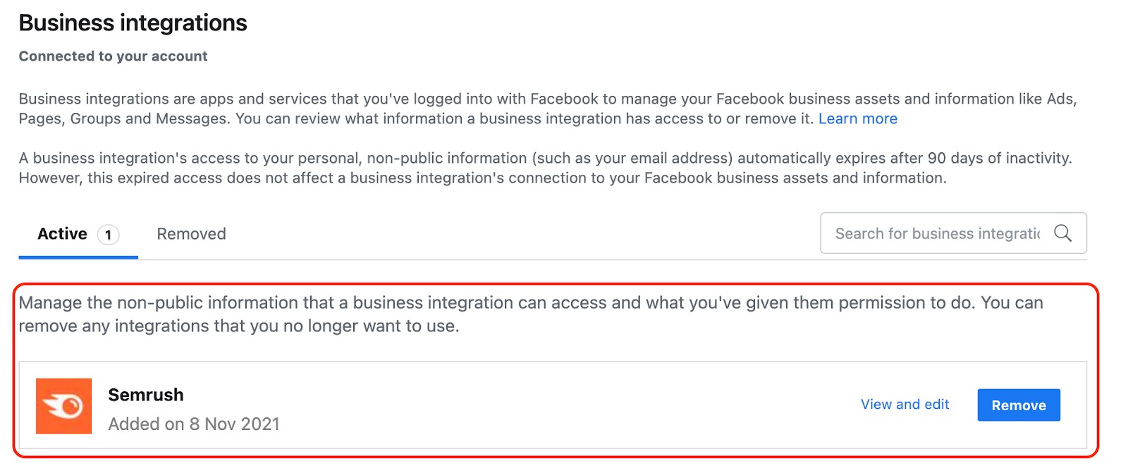 Facebook Business Integrations menu with Semrush added as an active integration.
