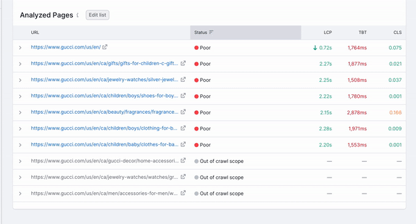Further demonstration of a Core Web Vitals report for a single page. In this example, both Largest Element and How to Improve tabs are presented, along with features provided on each one, like the largest element source code and tooltips for each improvement point detected.